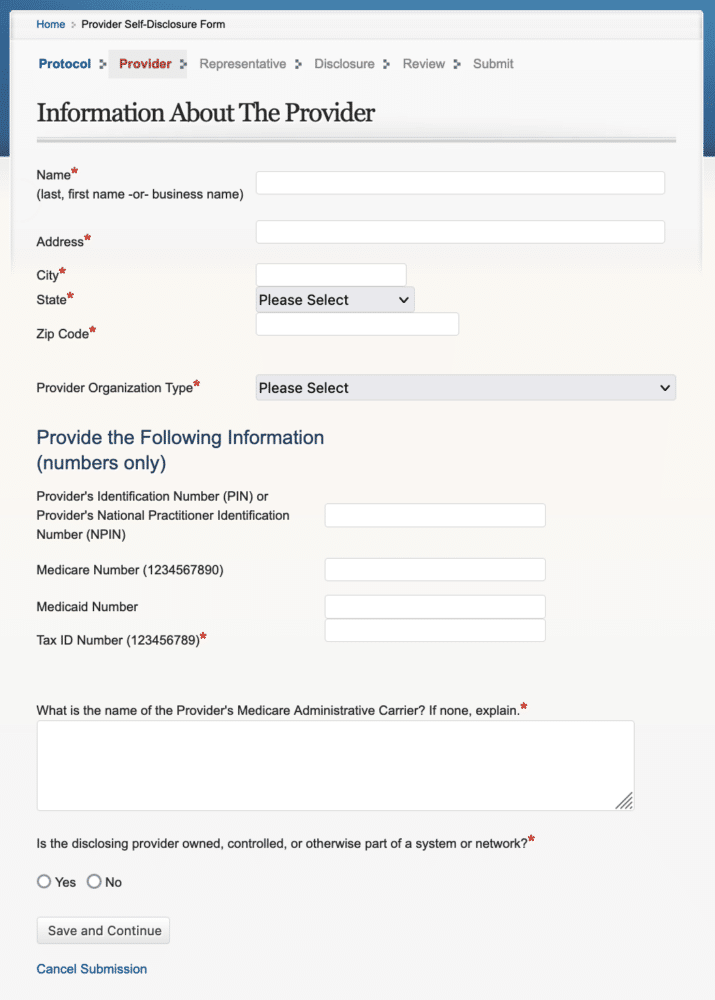 Screenshot of OIG self-disclosure web-form.