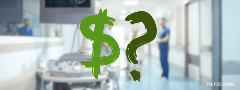 Hospital price transparency implied with a dollar sign and a question mark over an image of a hospital hallway.