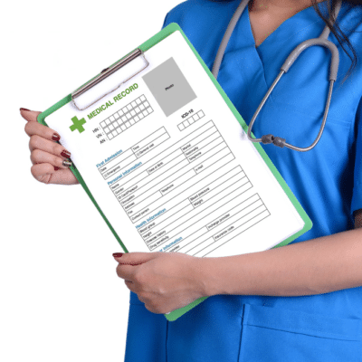 Healthcare worker holding patient record concerned with HIPAA privacy.