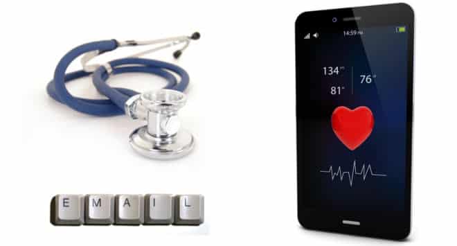 A stethoscope rests beside a smartphone showcasing a heart icon, pulse rate, and features of an EHR patient portal.