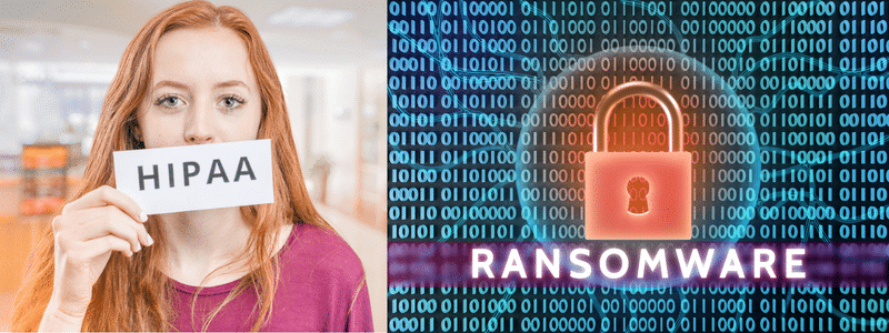 A woman holds a HIPAA sign as a digital padlock labeled RANSOMWARE overlays binary code, illustrating the critical interplay between data privacy and cybersecurity threats.