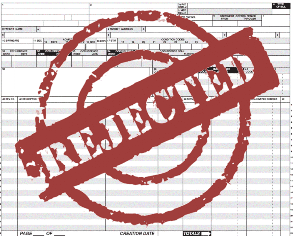 Document with visible rows and columns detailing hospital billing, marked with a large red Rejected stamp across the page.