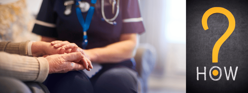 A healthcare professional, providing guidance on how to open a nursing home, holds hands with another person beside a blackboard. A large yellow question mark hovers above the word HOW, symbolizing the journey into this essential care endeavor.