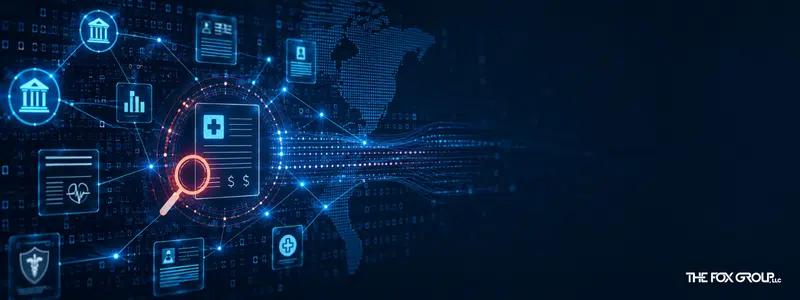 Healthcare fraud enforcement trends illustrated through connected medical records, data analytics, and federal enforcement networks.