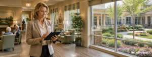 Nursing home administrator reviewing survey readiness information for the CMS Risk-Based Survey Process.